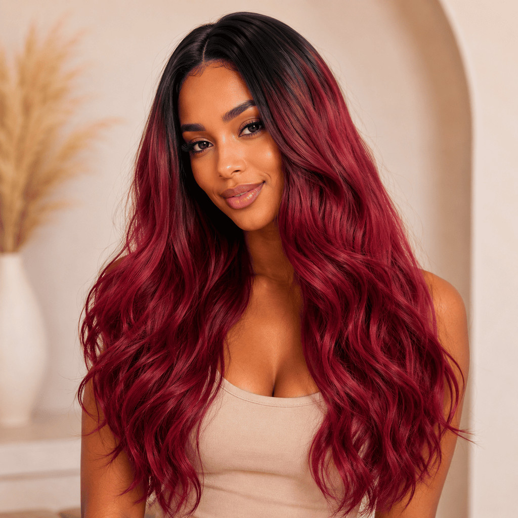 Peruca Lace Wig Vermelho De Vinho Escuro Ondulada Sintética Bio Fibra ...