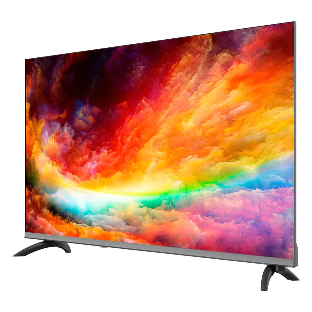 Visão lateral da Smart TV Philco 40 polegadas mostrando o design fino e a base de suporte