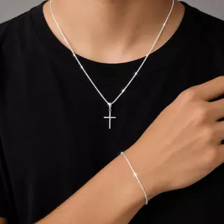 Kit Colar corrente + pulseira Veneziana banhada 1 mm com pingente de cruz palito banho de PRATA 925 +++