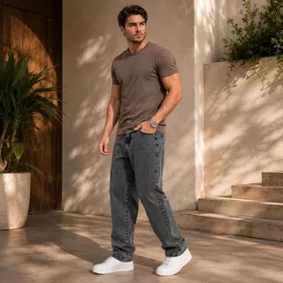 Calça Jeans Baggy Masculina Cinza Marmorizada Premium Streetwear Oversized