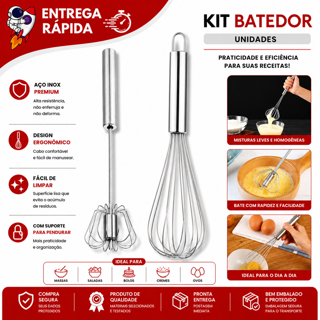 Kit 2 Utensílios de Cozinha Fouet Inox Batedor de Ovos + Mix