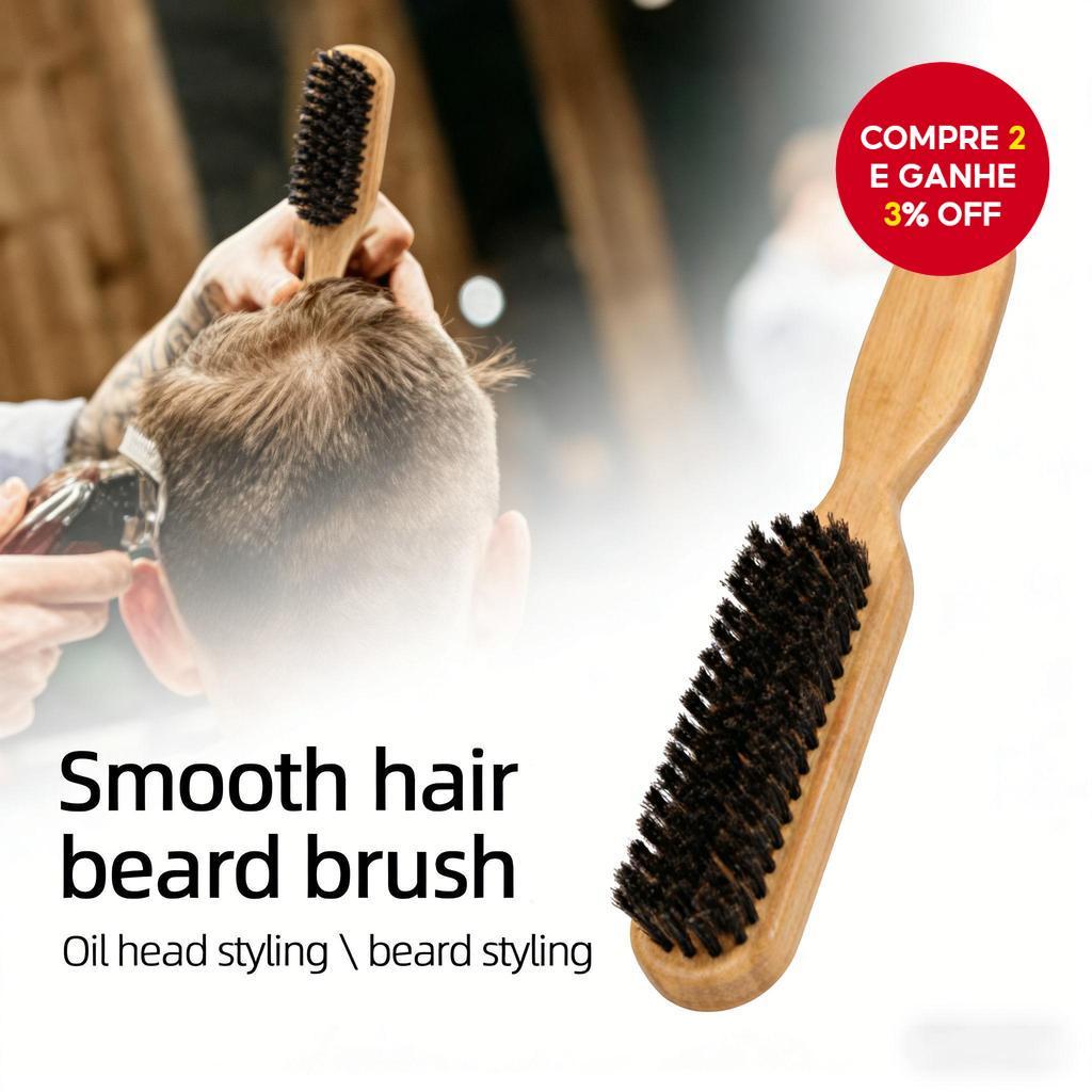Escova Modeladora De Cabeça E Barba De Óleo Masculina-Cerdas De Juba De Porco, Para Cuidados Com Cabelos Barbas