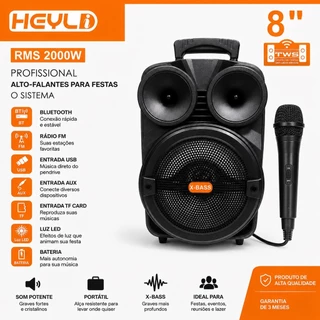 Caixa de Som Bluetooth Portátil 8 Polegadas 2000W RMS TWS USB FM Com Microfone Controle Remoto