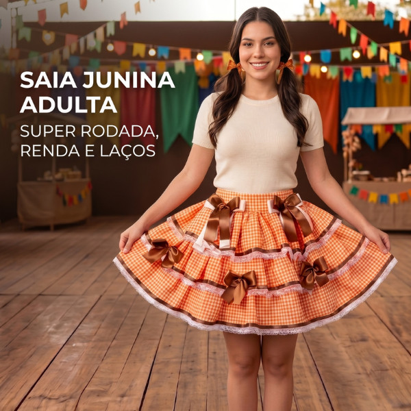 Saia Caipira Adulto Laranja com Marrom Renda e Laços Luxo Festa Junina ...