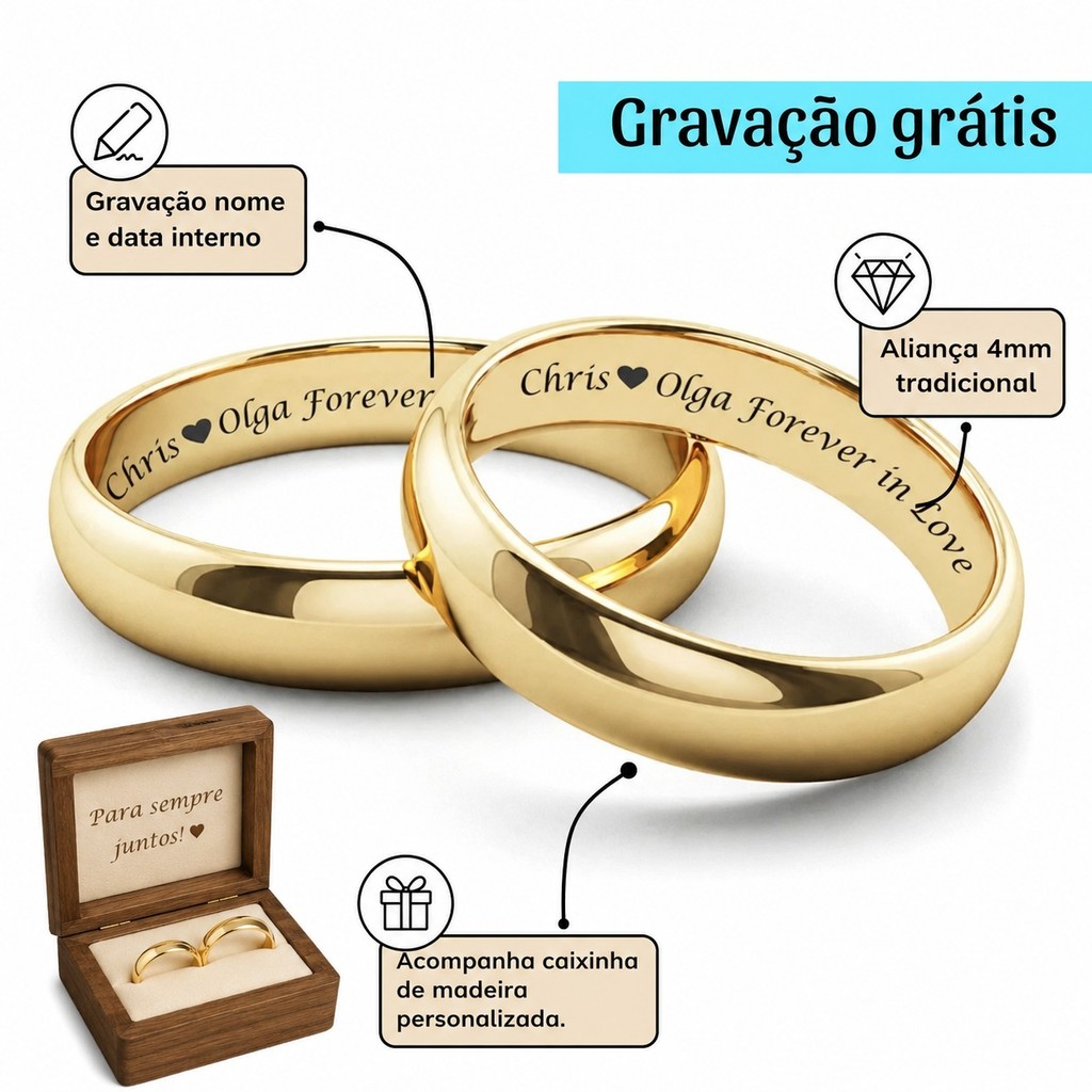Par De Aliança Lisa Banhada A Ouro 18k Com Gravação Grátis Noivado Compromisso Casamento 4mm