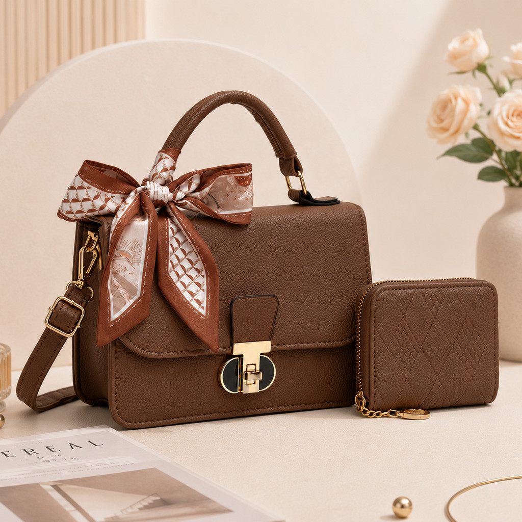 Bolsa Feminina Kit 3 em 1 Material Rígido Fecho Dourado (alça + lenço + carteira) — cor café