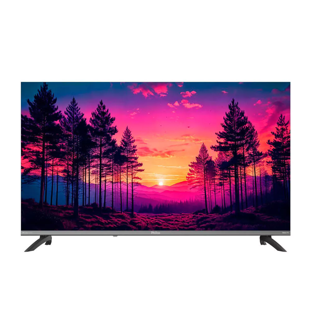 Smart TV Philco 40 polegadas exibindo paisagem de floresta ao pôr do sol na tela
