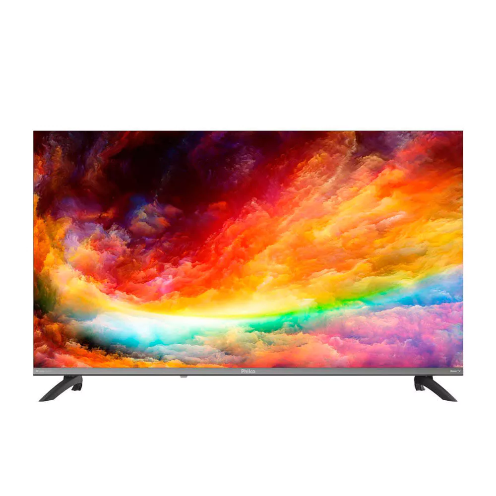Smart TV Philco 40 polegadas exibindo imagem colorida e abstrata de alta definição