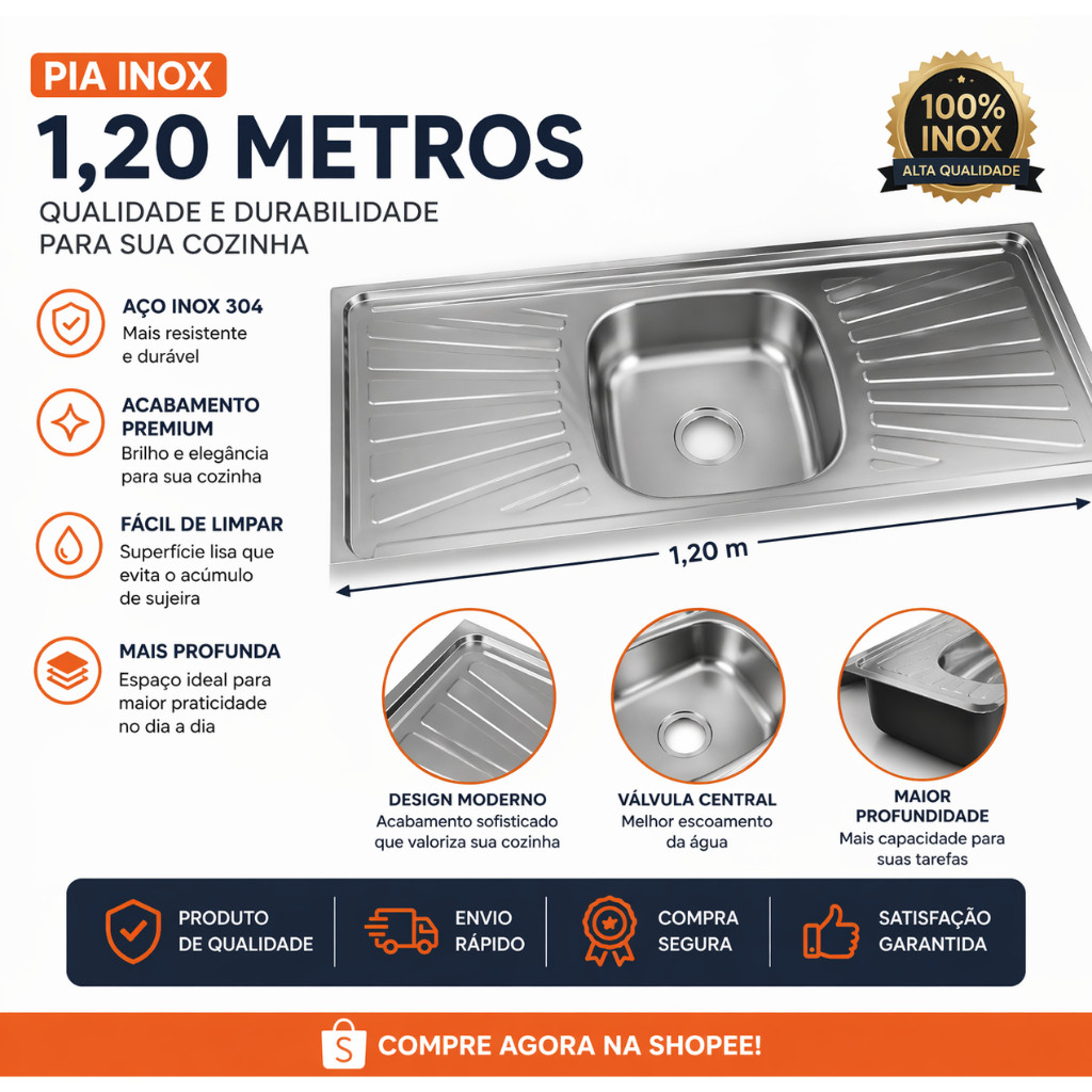 Pia Inox Para Cozinha 1,20 x 0,50 | Shopee Brasil