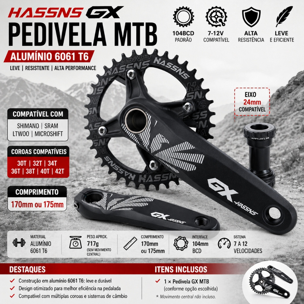 HASSNS GX Pedivela MTB Liga de Alumínio 6061-T6 170mm 175mm 104BCD