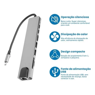 Hub USB-C 8 em 1 USB 2.0/3.0 HDMI 4K RJ45 Rede SD TF Docking Station Extensão Alta Velocidade