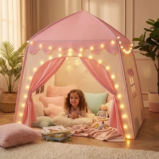 Barraca Infantil Casinha Princesa Com Luz LED Castelo Dobrável 130x130x100cm Tenda Infantil Brinquedo Crianças