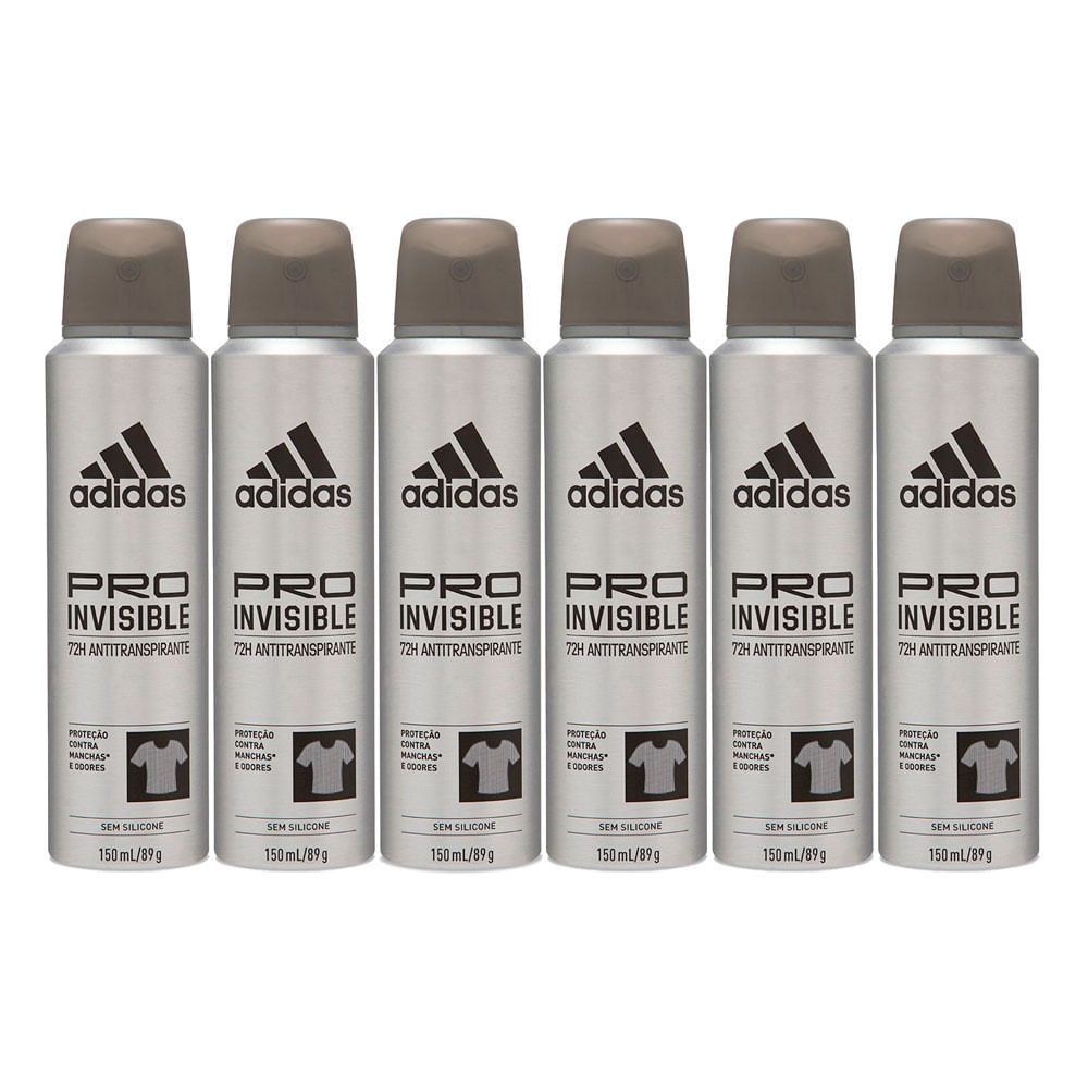 Kit 6 Desodorante Adidas Masculino Pro Invisible Aerossol Antitranspirante 150ml