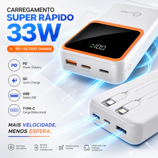 Power Bank 20000mAh 33W Com Cabos Integrados USB Tipo C E Display Digital 🔋