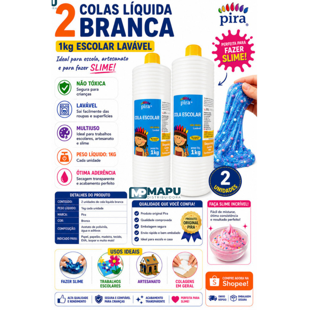 2 Colas Branca Líquida 1Kg Escolar Artesanato Slime | Shopee Brasil
