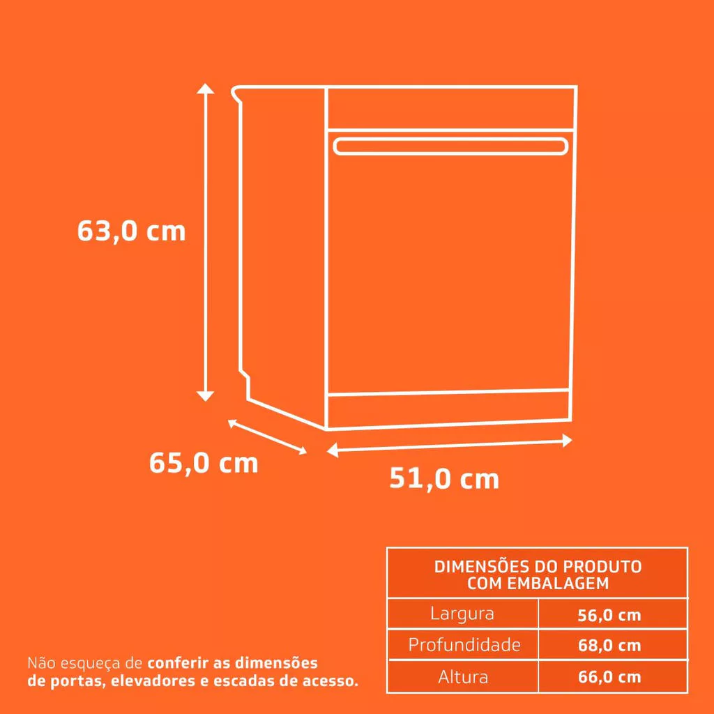 Infográfico laranja com as dimensões e medidas da lava louças