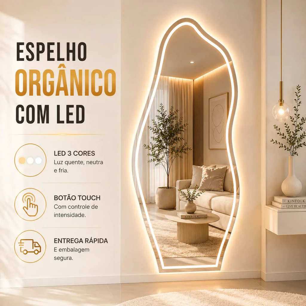 Espelho Grande Com Led 3 Cores e Botão Touch Jateado 90x40 Banheiro Quarto Sala Entrega Rapida - Imagem 2