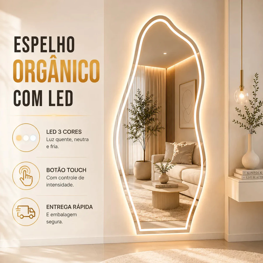 Espelho Grande Com Led 3 Cores e Botão Touch Jateado 90x40 Banheiro Quarto Sala Entrega Rapida