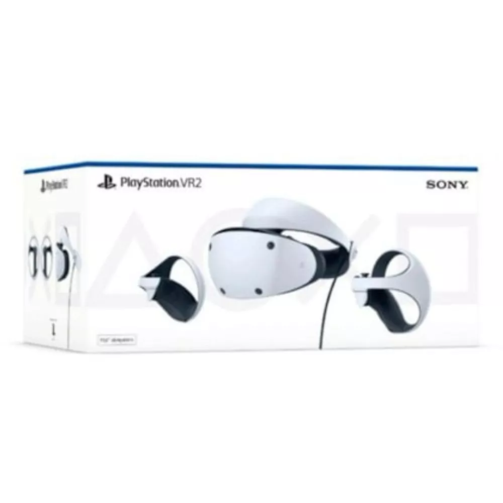 Embalagem oficial do PlayStation VR2 mostrando o headset e os controles na caixa