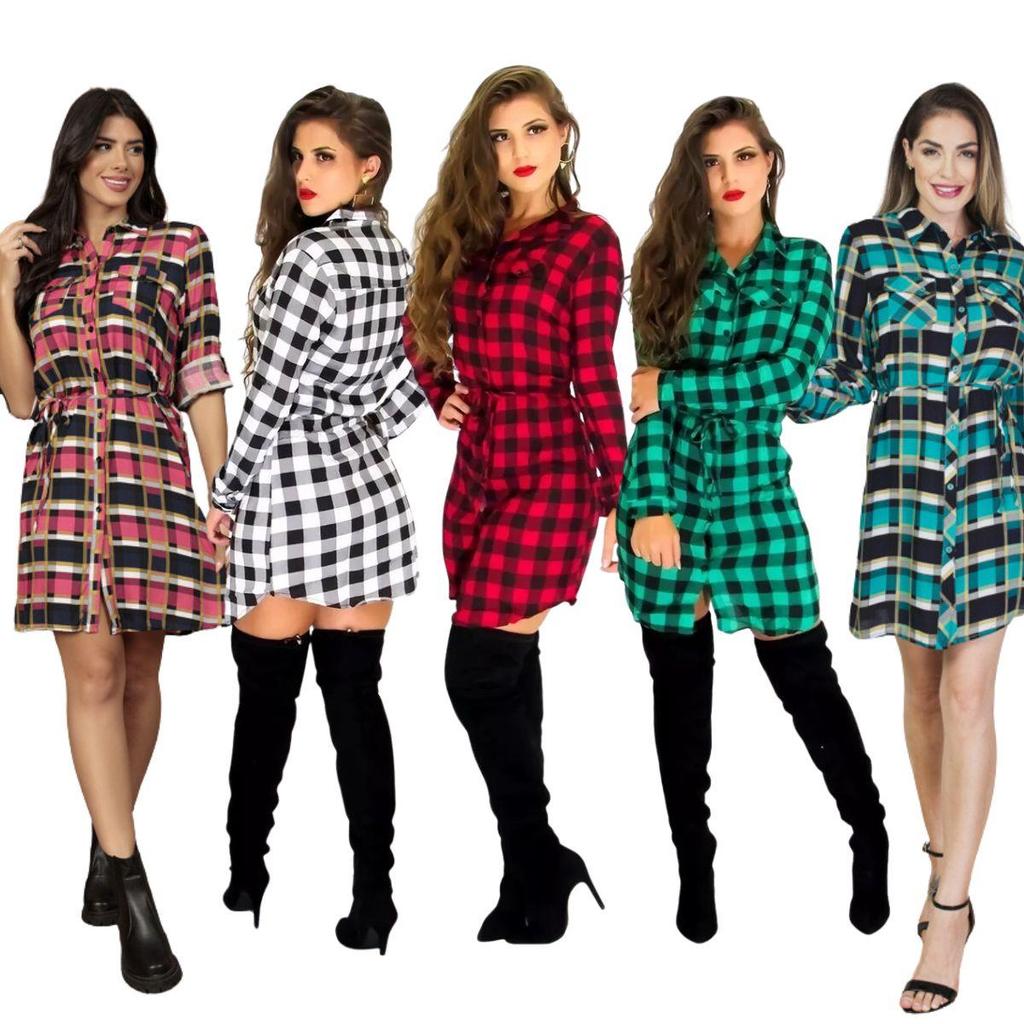 camisa xadrez feminina Manga Longa Country Blusão Chamise vestido com cinto bolso e botão várias cores