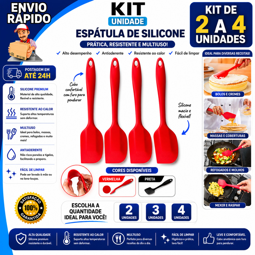 Kit 4 Espátula De Silicone Pão Duro Resistente Casa Cozinha 