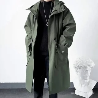 Jaqueta Masculina Com Capuz De Comprimento Médio, Corta-Vento Verde Exército, Sobretudo Estilo Rua.