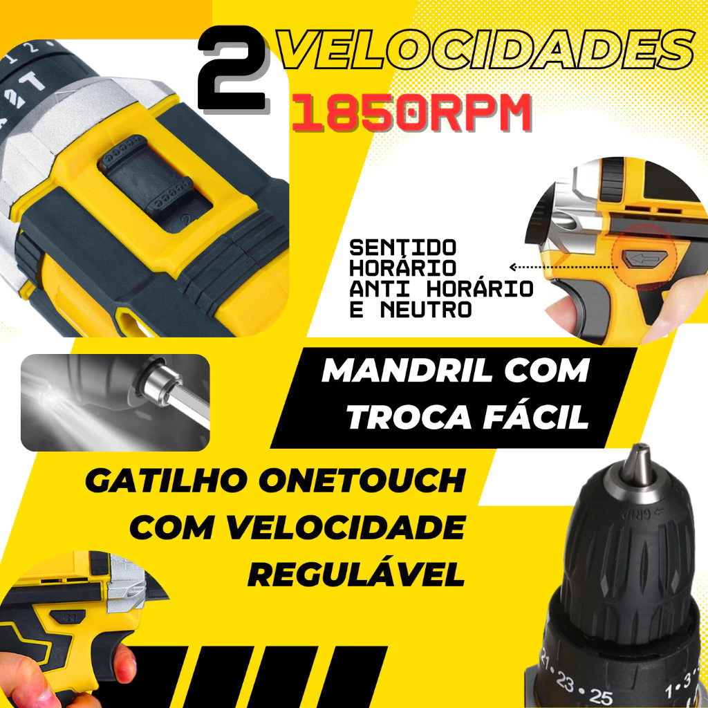 Parafusadeira Furadeira de Impacto Com 2 Bateria Recarregável Sem Fio 48v Com Maleta Completo - Imagem 2
