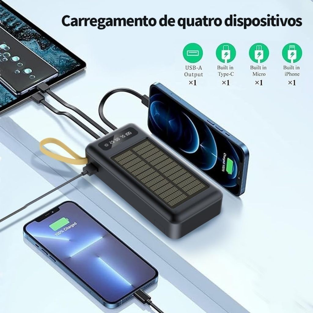 Product image Carregador Portátil Power Bank Solar 20.000mah Com cabos 5 Em1 LED lanterna 8