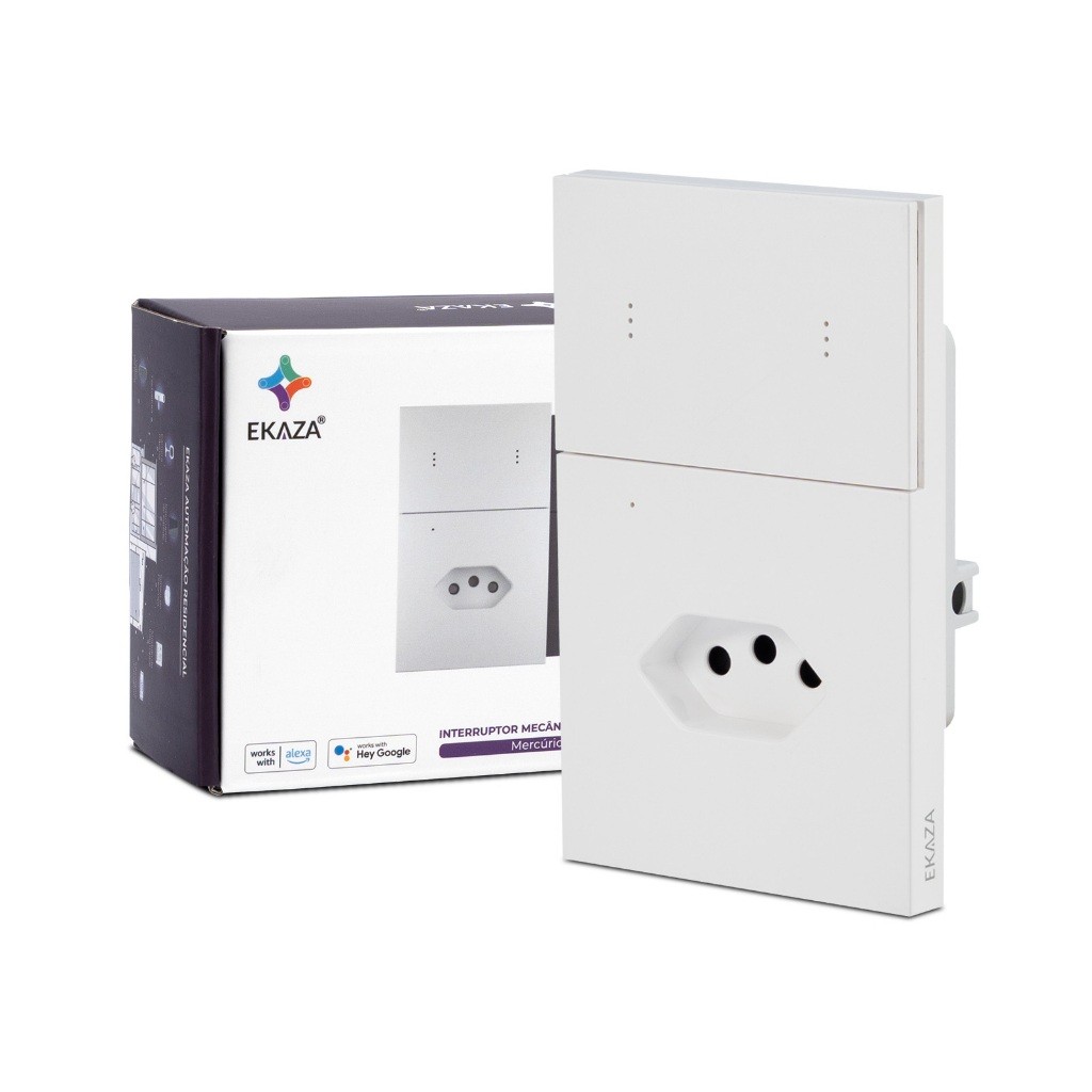 Interruptor Com Tomada 10a Mercúrio Lite 2 Botões Branco Zigbee 3.0 Ekaza