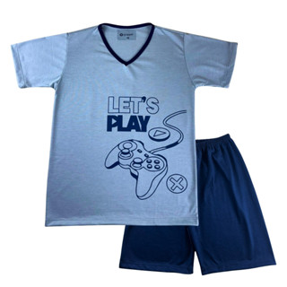 Pijama Masculino Grappin Manga Curta Videogame Short Azul Marinho Malha PV em Oferta na Shopee