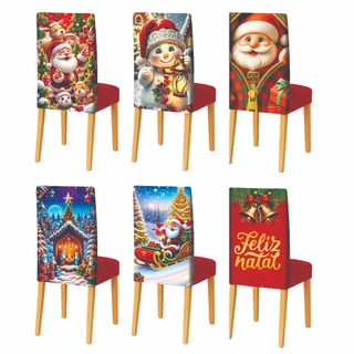 Kit 04 Capas de Cadeiras Natalina Estampas Exclusivas Natal Malha 400 Fios