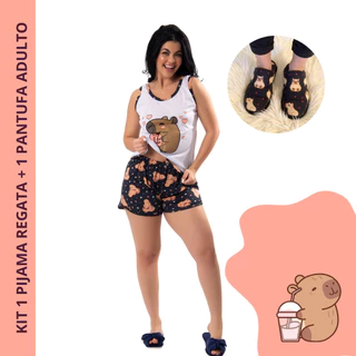 Kit 1 pijama feminino adulto + 1 pantufa de dormir adt estampa da capivara baby dool short doll regata Verão Personagens em Oferta na Shopee