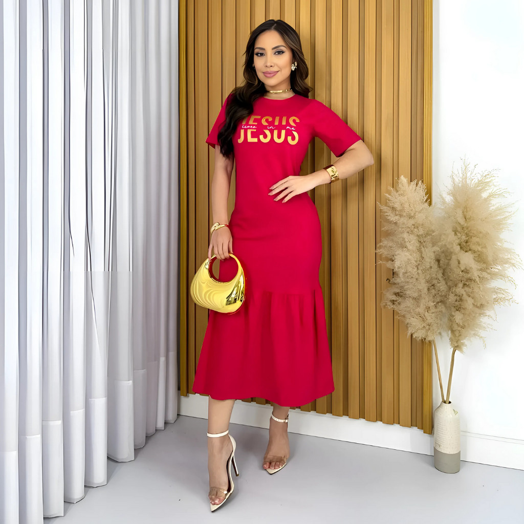 Vestido Midi Moda Evangélica Babado Elegante para Mulheres Cristãs ...