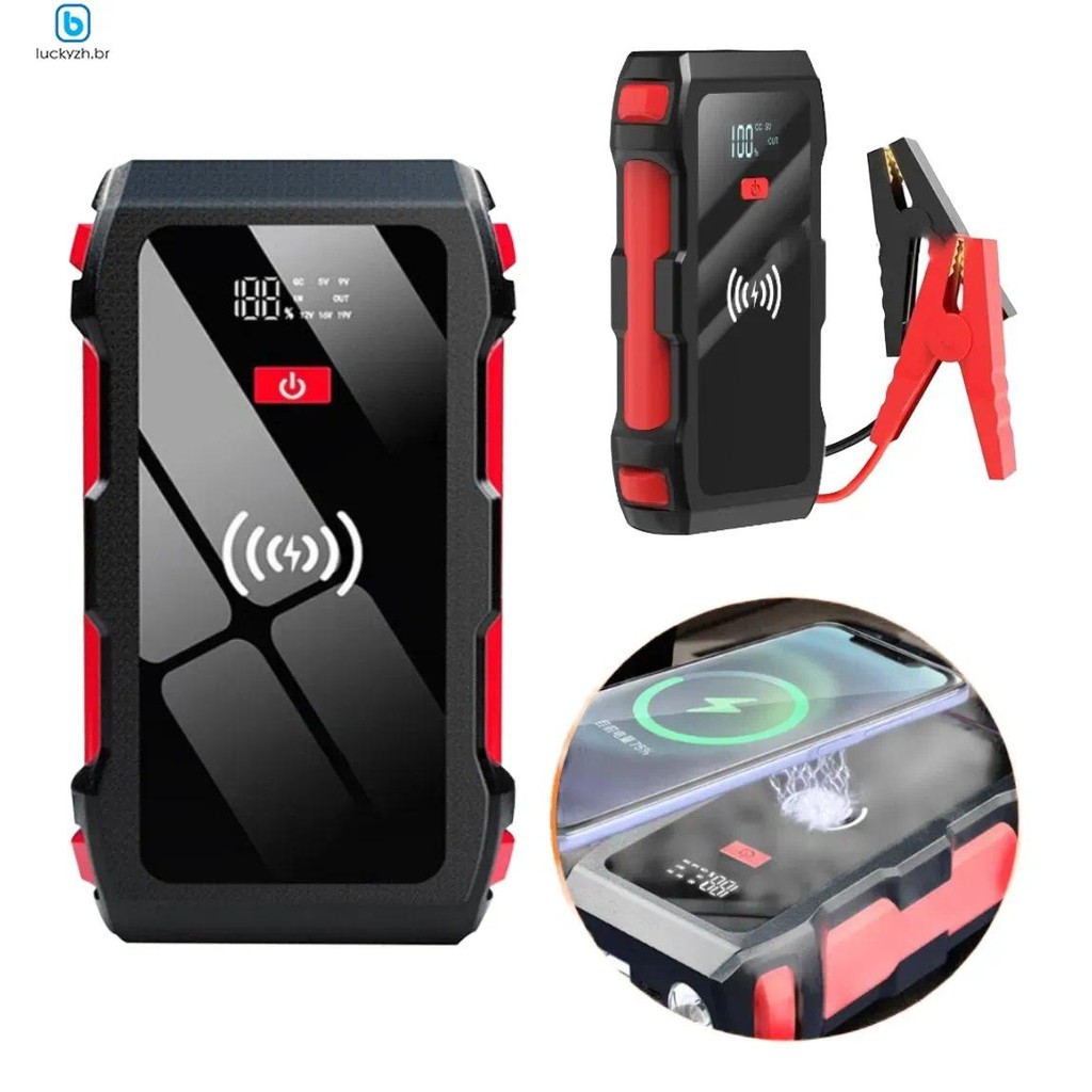 Auxiliador Partida PowerBank Bateria Portátil Multifuncional Carregamento Indução 12000mAh 12V Moto Carro Celular