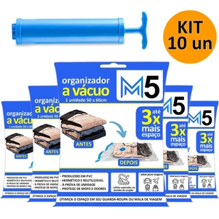 Kit 10 Saco a Vácuo 50x60cm Organizador Hermético de Roupas Mala de Viagem Guarda Roupa + Bomba
