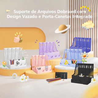 Organizador de Mesa - Porta-Papéis e Livros 3/4 Divisórias + Porta-Trecos - Cores Diversas + Figurinhas Adesivas