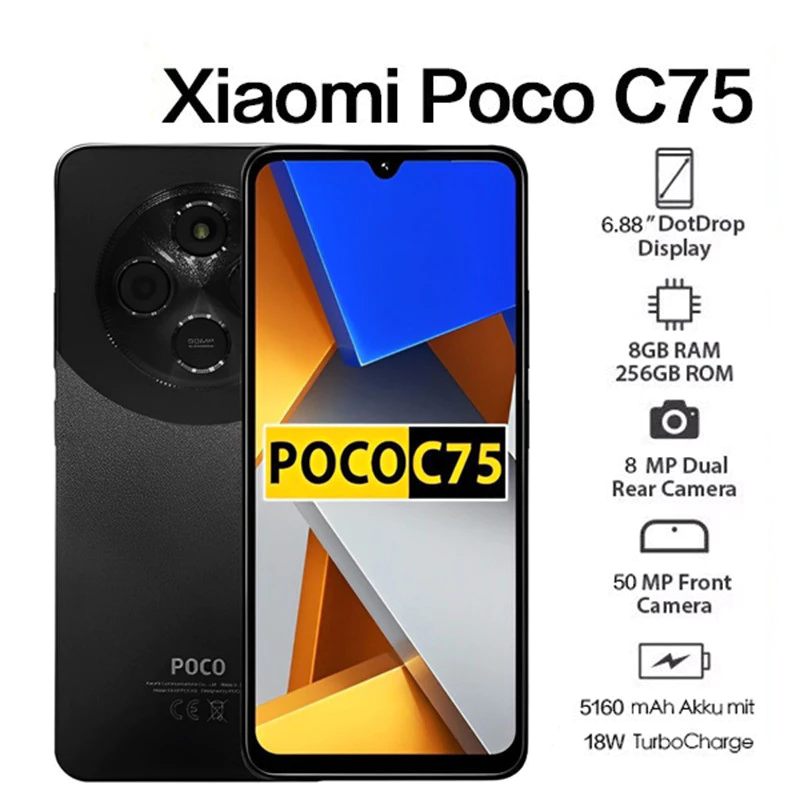 Celular (Novo) Xiaomi Poco C75 Incluir NFC Preto Dourado 8GB 256GB RAM 6GB 128GB RAM