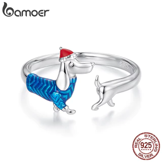 Bamoer 925 Prata Esterlina Anel Aberto Tamanho Ajustável Natal Dachshund Moda Jóias Presentes Para Mulher em Oferta na Shopee