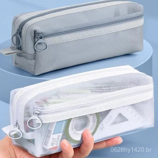 Bolsa de Armazenamento para Meninas, Estojo de Lápis de Malha de Grande Capacidade, Bolsa de Lápis Transparente de Dupla