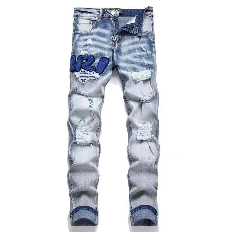 Calças Jeans Skinny Slim Fit com Bordado de Letras Rasgadas | Shopee Brasil
