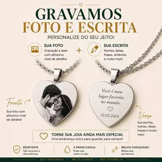 Colar com Foto do Casal Pingente Coração Personalizado Presente Namorada