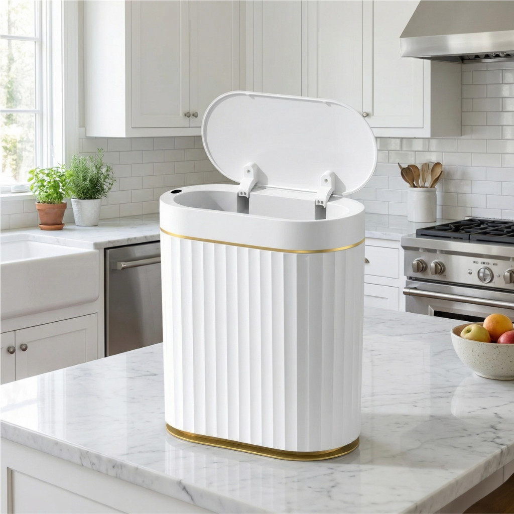 Lixeira automática inteligente de 7 litros com sensor, acabamento branco e dourado