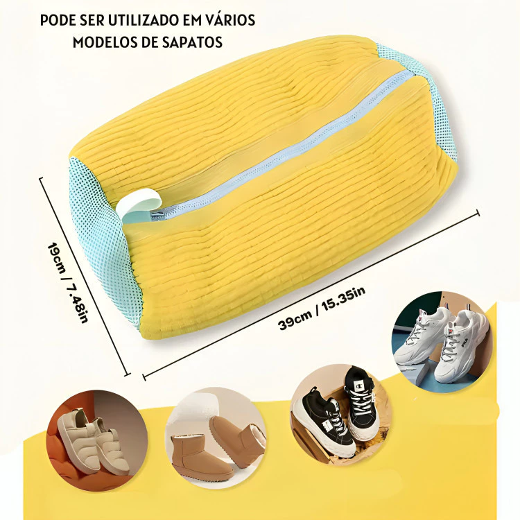 Dimensões do saco de lavar sapatos com 39cm de comprimento e exemplos de calçados compatíveis