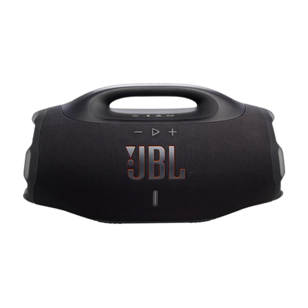 Caixa de som JBL Boombox 4 preta vista de frente com logo em destaque
