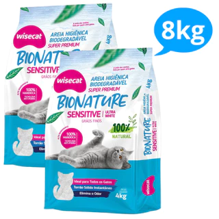 Kit 2 Areia Sanitária De Mandioca Grãos Finos Para Gatos Biodegradável Wisecat 8kg