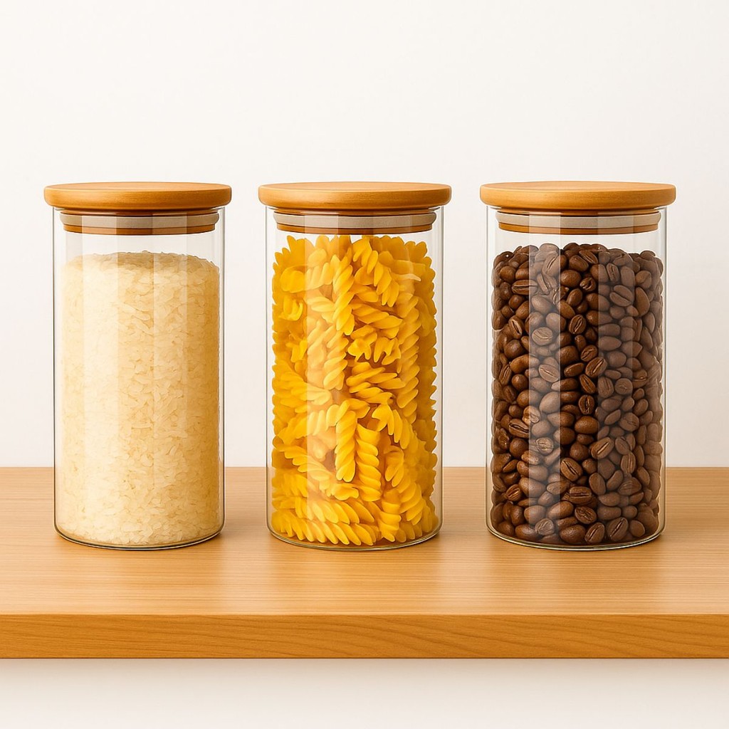 Kit 5 Potes de Vidro 800 / 600 MLTampa de Bambu Hermetico Premium Redondo Mantimentos Tempero Alimentoss