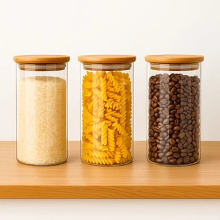 Kit 5 Potes de Vidro 800 / 600 MLTampa de Bambu Hermetico Premium Redondo Mantimentos Tempero Alimentoss