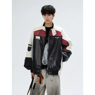 Jaqueta de couro pu americana masculina outono Street Wear cleanfit contraste cor costura roupas da motocicleta rufião b