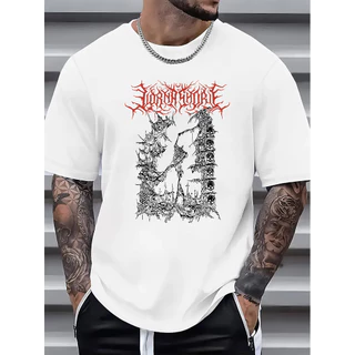 Camiseta Masculina Estampa Death Metal Vermelha e Branca Básica Oversized 100%