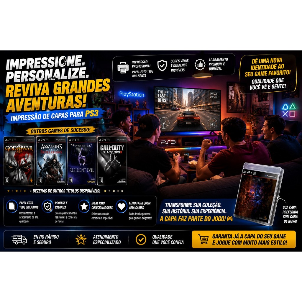 KIT 6 Capas PS3 🎮 Impressa em Papel Foto 180g Brilhante | Reposição - Impressão em alta definição